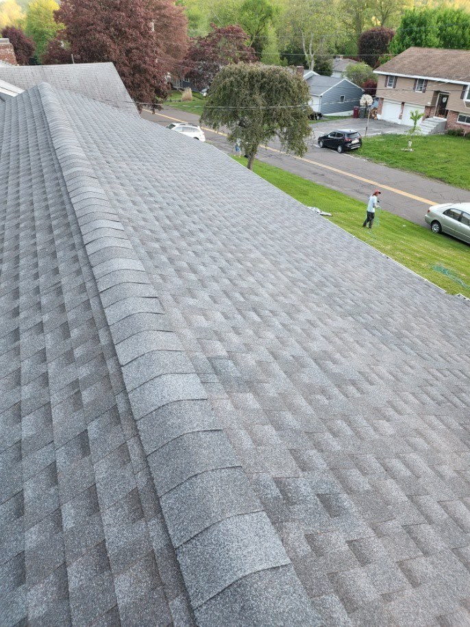 A finished replacement roof seen from above