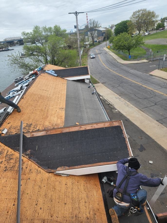 Roof decking exposed during a replacement in progress