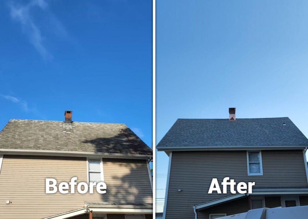 Before and after photos of a home's new roof