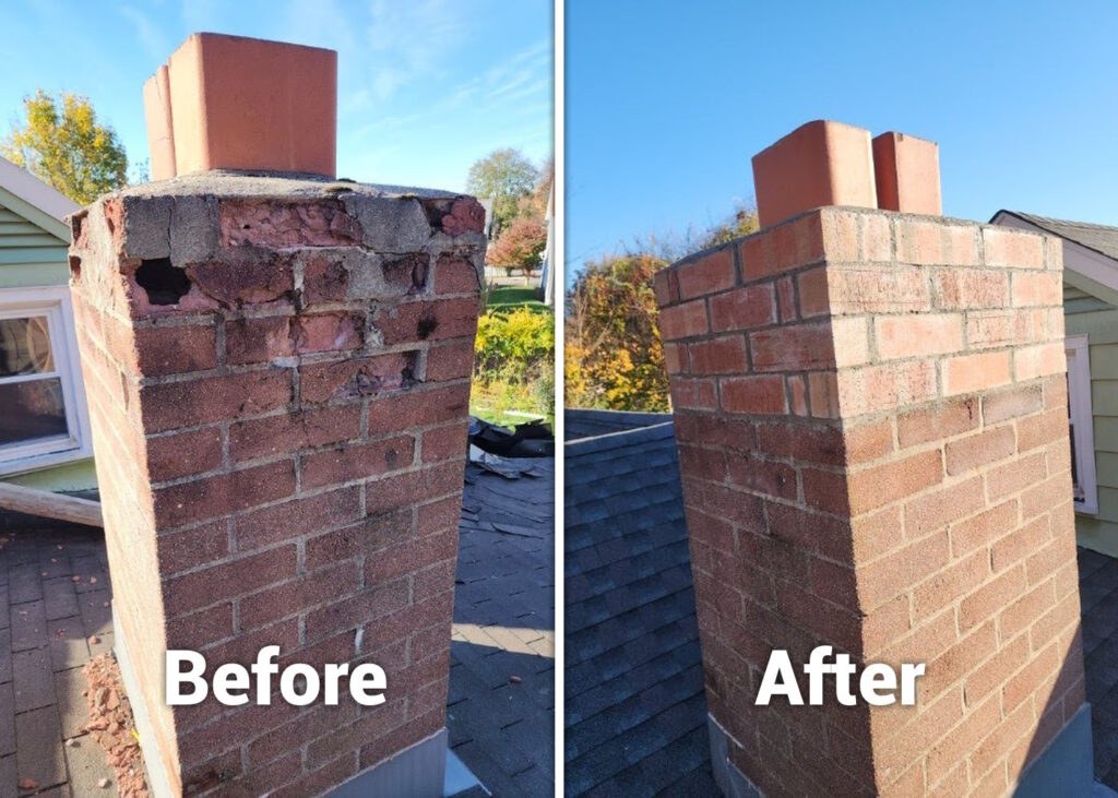 Before and after photos of a brick chimney repair