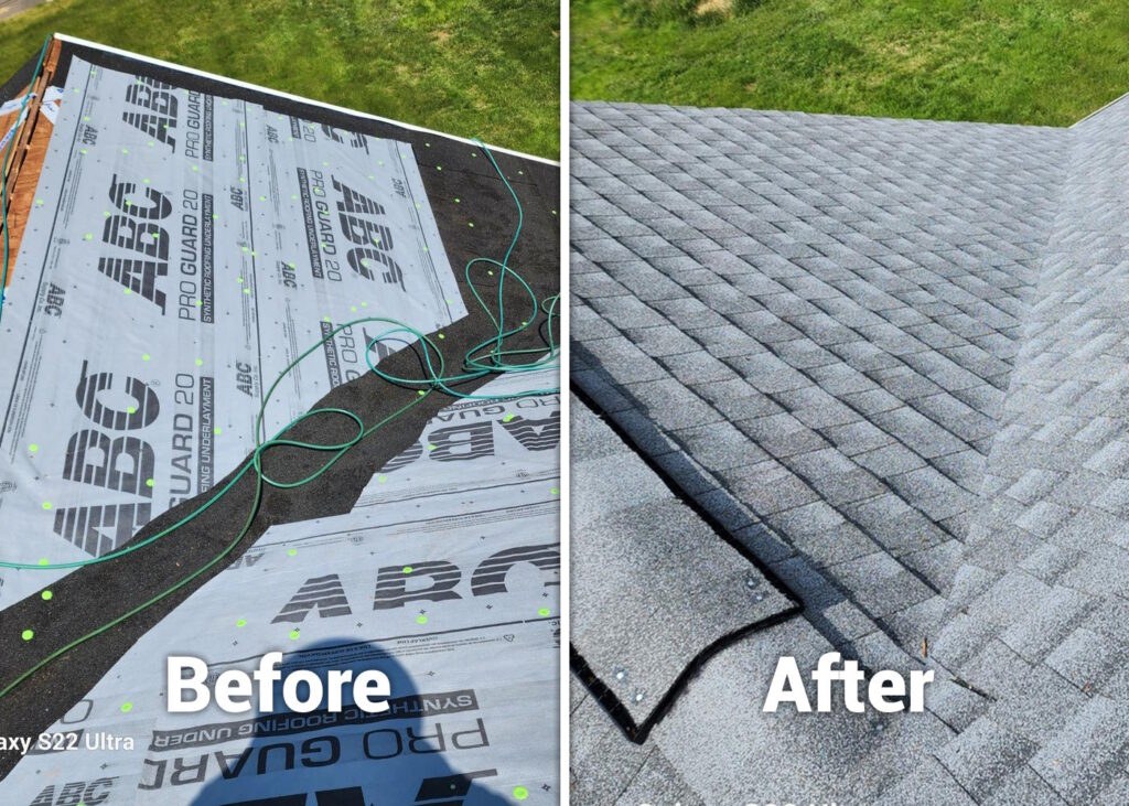Before and after photos of underlayment and new shingles